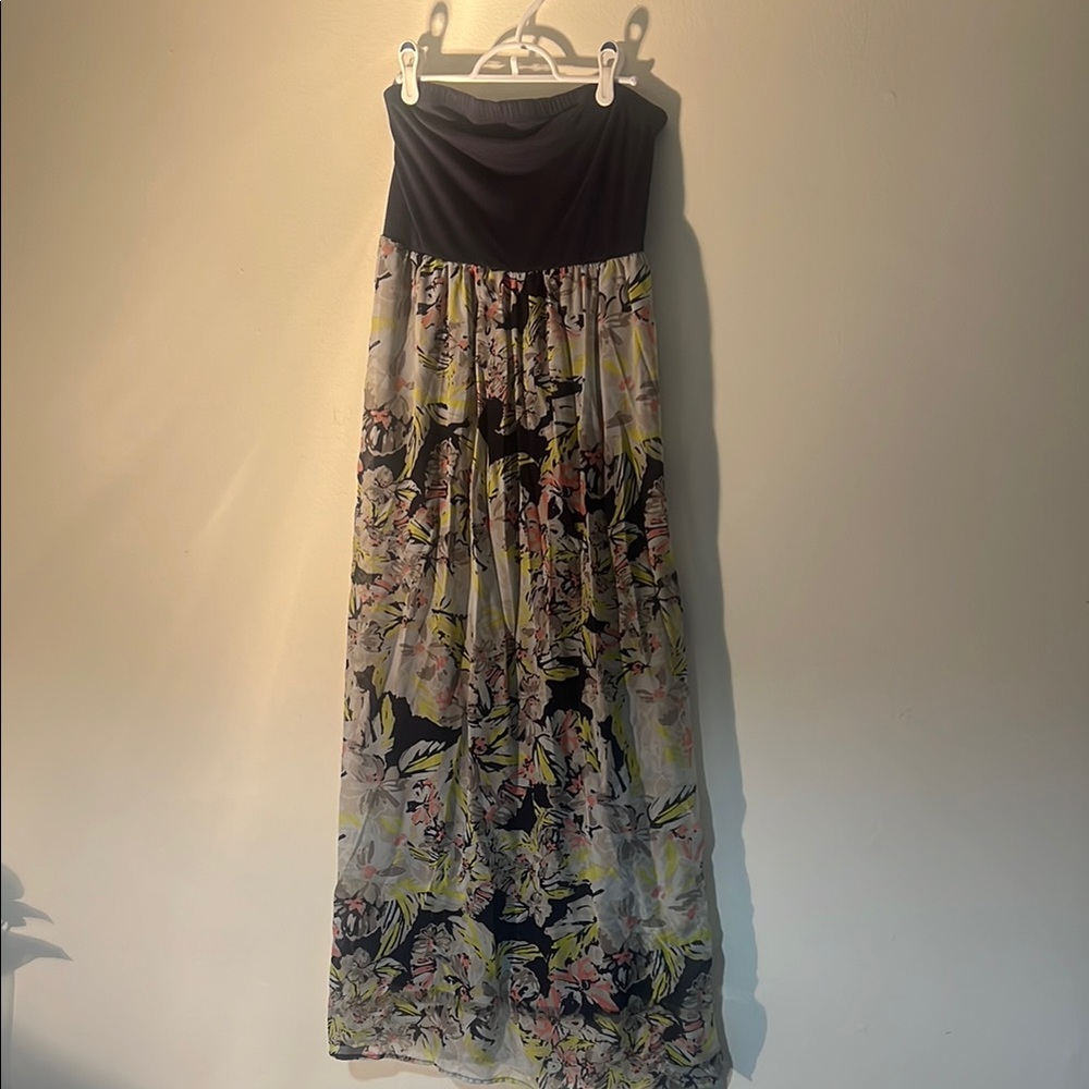 Xhilaration Green and Blue Strapless Floral Maxi Dress